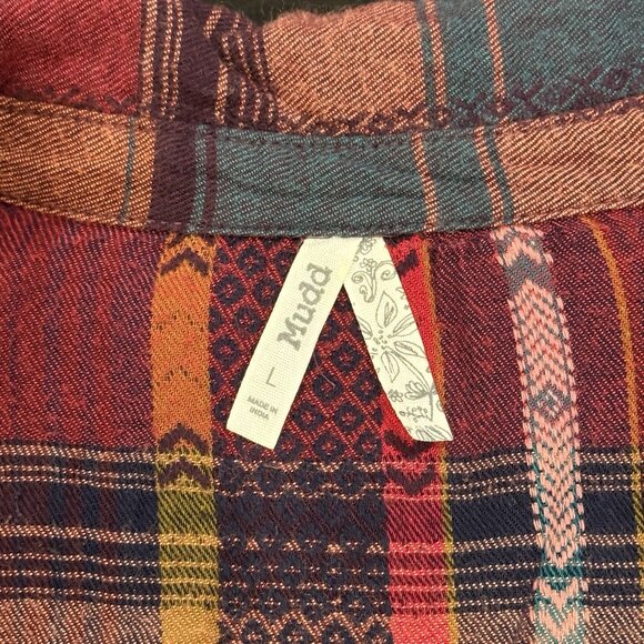 MUDD Y2K Burgundy Plaid Flannel Lace-Up Womens Boho Peasant Top Size Large - Picture 6 of 10